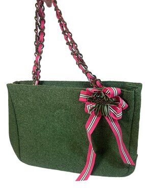 Green Tweed Shoulder Bag With Pink Ribbon & Chain Straps By Goldie